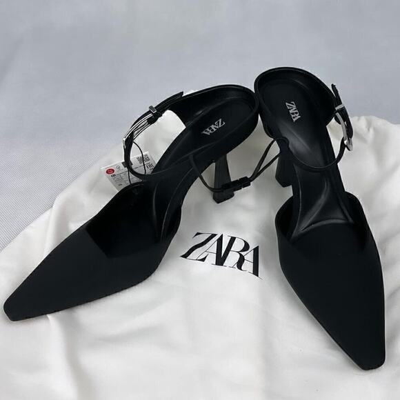 ZARA Black Buckled Mules NWT | Pointed Toe Heels | Size 8 - Picture 9 of 16